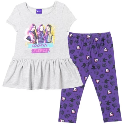 Disney Descendants Mal Evie Uma Peplum T-Shirt Capri Legging Set Grey/Purple - Image 7