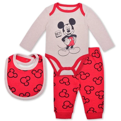 Disney Boy's 3-Pack Mickey Mouse Long Sleeve Baby Bodysuit Creeper, Bib And Jogger Pant Set For Infant - Image 6