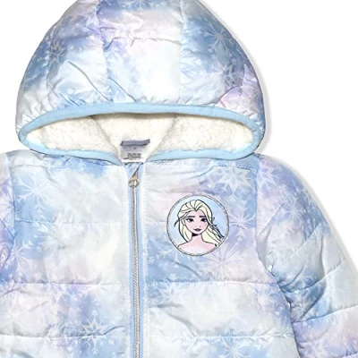 Disney Girl's Frozen Hooded Puffer Jacket, Zip Up Hoodie With Soft Interior For Toddler - Image 2