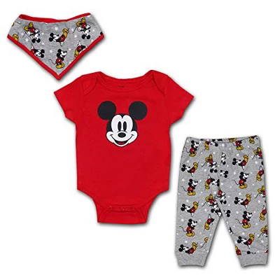 Disney Boy's 3-Pack Mickey Mouse Short Sleeve Baby Bodysuit Creeper, Jogger Pants And Bandana Bib Set For Infant - Image 4