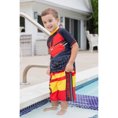Disney Pixar Cars Lightning McQueen Rash Guard And Swim Trunks Outfit Set Toddler To Little Kid - Image 2