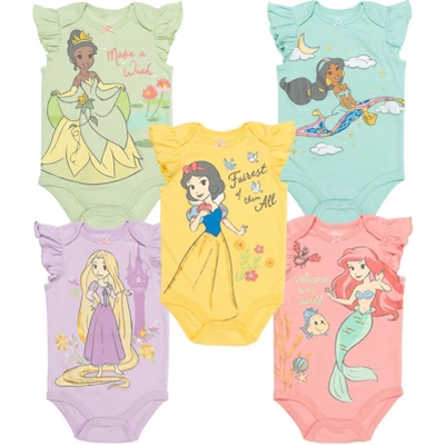 Disney Princess Ariel Belle Cinderella Rapunzel Tiana Snow White Aurora Baby Girls 5 Pack Bodysuits Newborn To Infant - Image 11