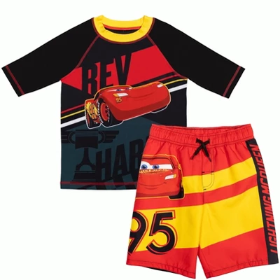 Disney Pixar Cars Lightning McQueen Rash Guard And Swim Trunks Outfit Set Toddler To Little Kid - Image 7