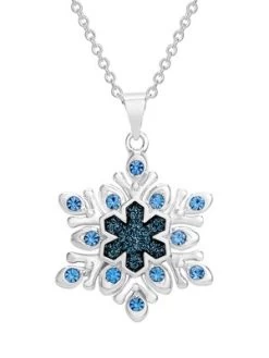 Disney Womens Frozen II Silver Plated Frozen Necklace With Blue Crystal And Glitter Snowflake Pendant Jewelry