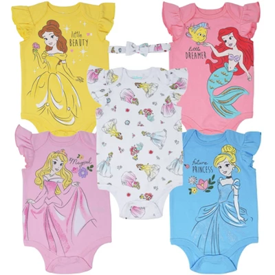 Disney Princess Ariel Belle Cinderella Rapunzel Tiana Snow White Aurora Baby Girls 5 Pack Bodysuits Newborn To Infant - Image 9