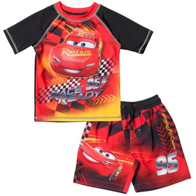 Disney Pixar Cars Lightning McQueen Rash Guard And Swim Trunks Outfit Set Toddler To Little Kid - Image 8