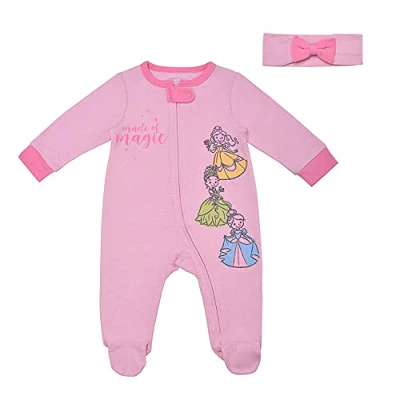 Disney Girl's Character Print Footed Baby Coverall Jumpsuit With Bow Headband Set For Infant - Image 4