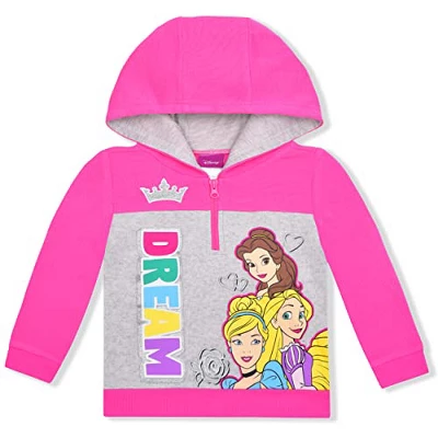 Disney Girl's Disney Princesses Graphic Printed Half Zip Up Hooded Pullover Jacket For Kids - Image 2